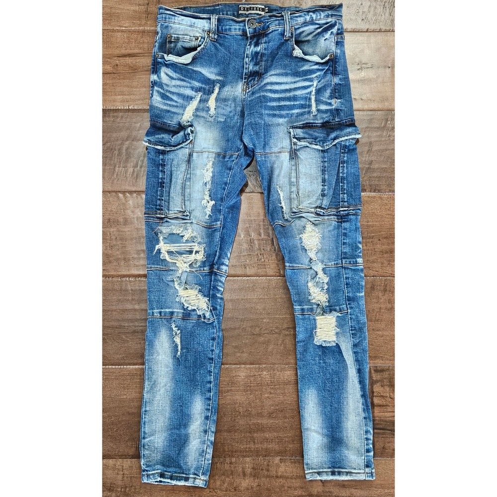Grunge‎ Streetwear Retro Y2K Men Distressed Cargo Jeans Ripped Slim Fit 36x32